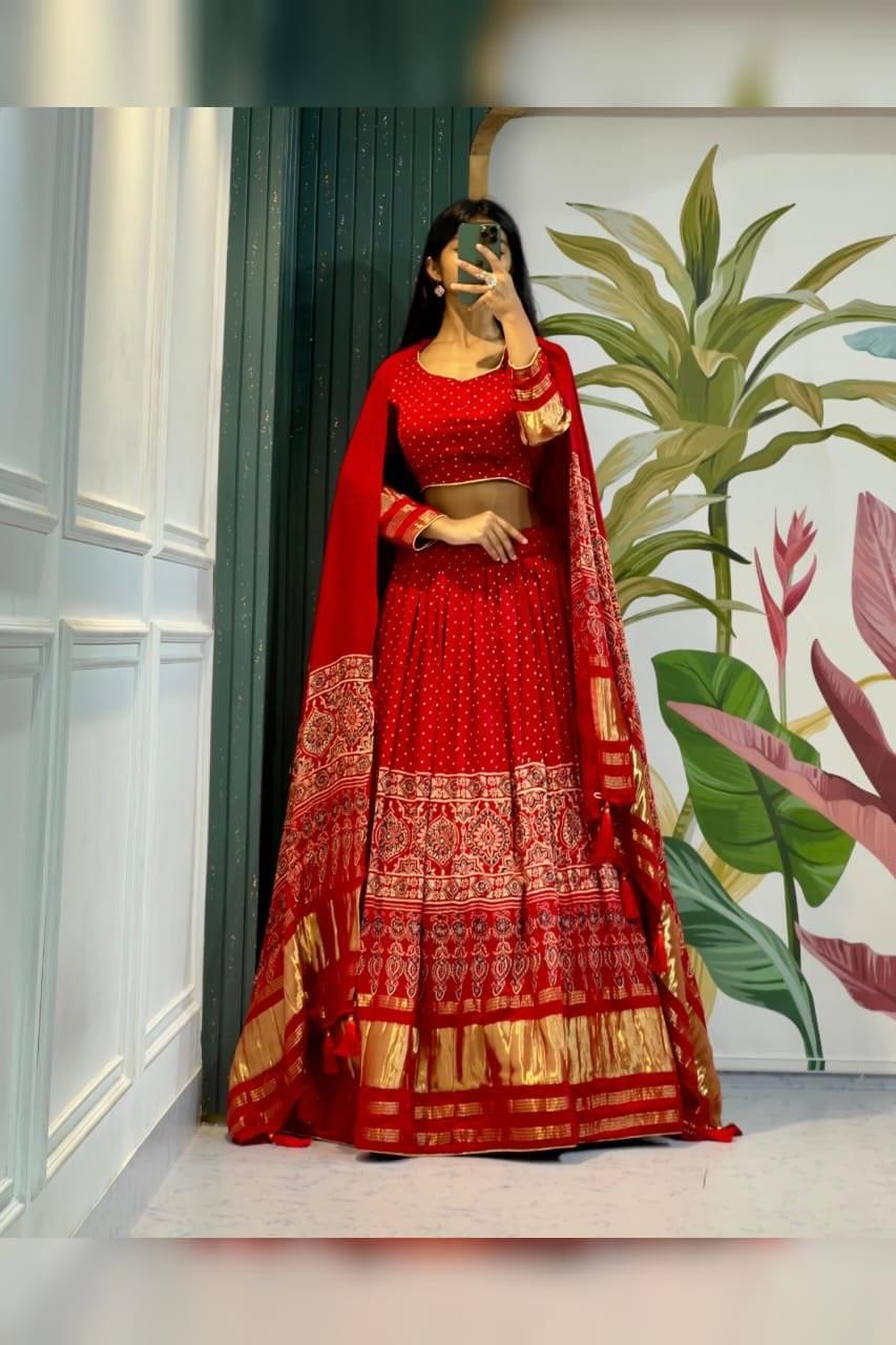 Modal Authentic Hand Blocked Ajrakh work Navratri Special Chaniya Choli