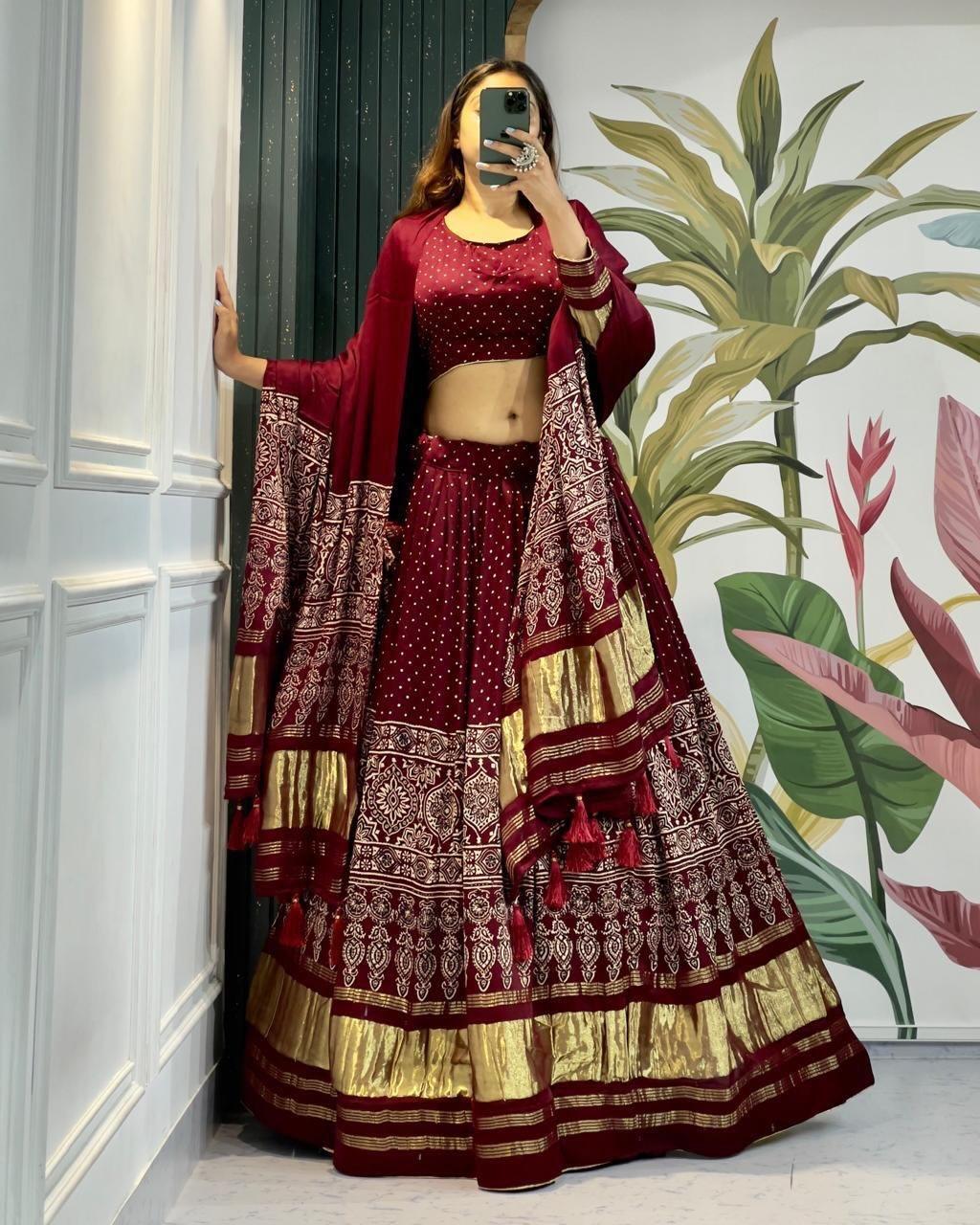 Modal Authentic Hand Blocked Ajrakh work Navratri Special Chaniya Choli