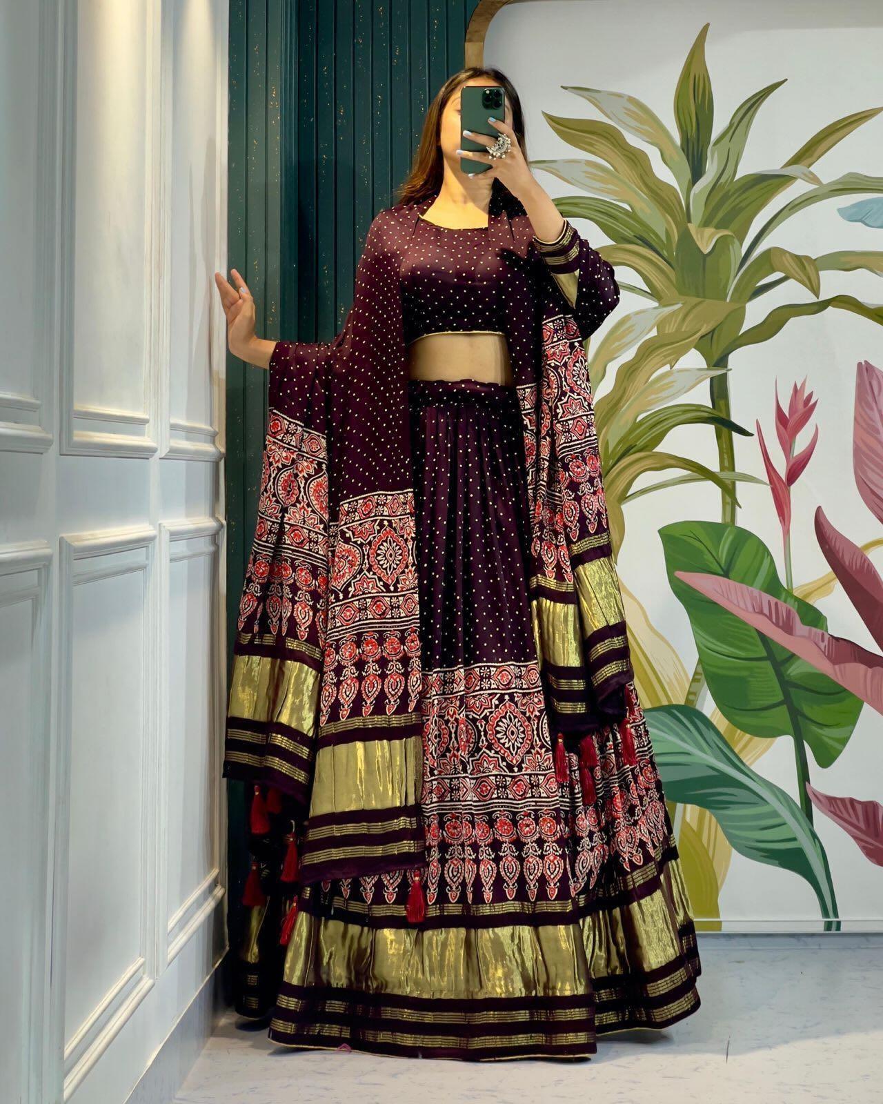 Modal Authentic Hand Blocked Ajrakh work Navratri Special Chaniya Choli